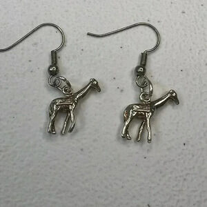 Sterling Silver 925 Giraffe 3D Dangle Drop Hook Earrings Vintage Animal Cute